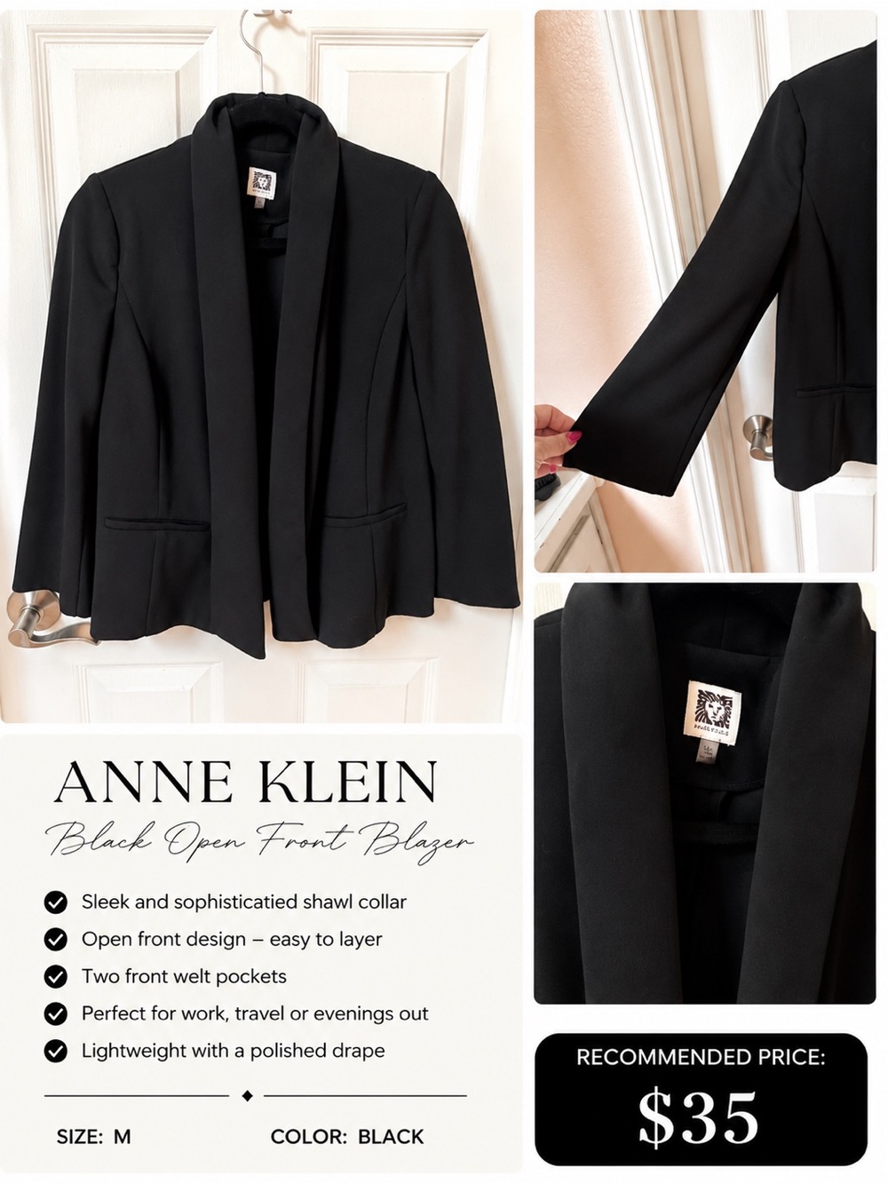 Anne Klein Black Open-Front Shawl Collar Blazer Jacket